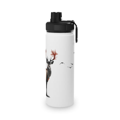 Stainless Steel Water Bottle, Sports Lid - Majestic Stag Forest Landscape Design - EternalAscension
