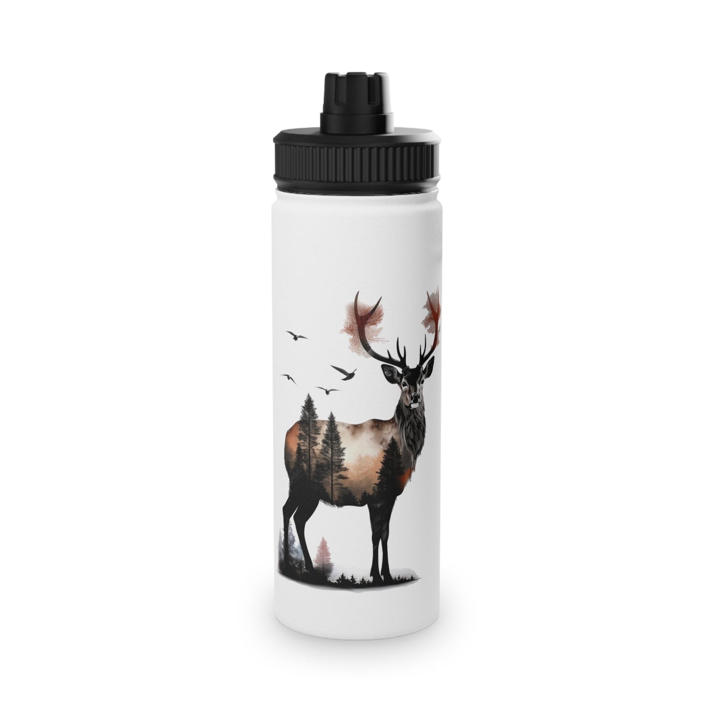 Stainless Steel Water Bottle, Sports Lid - Majestic Stag Forest Landscape Design - EternalAscension