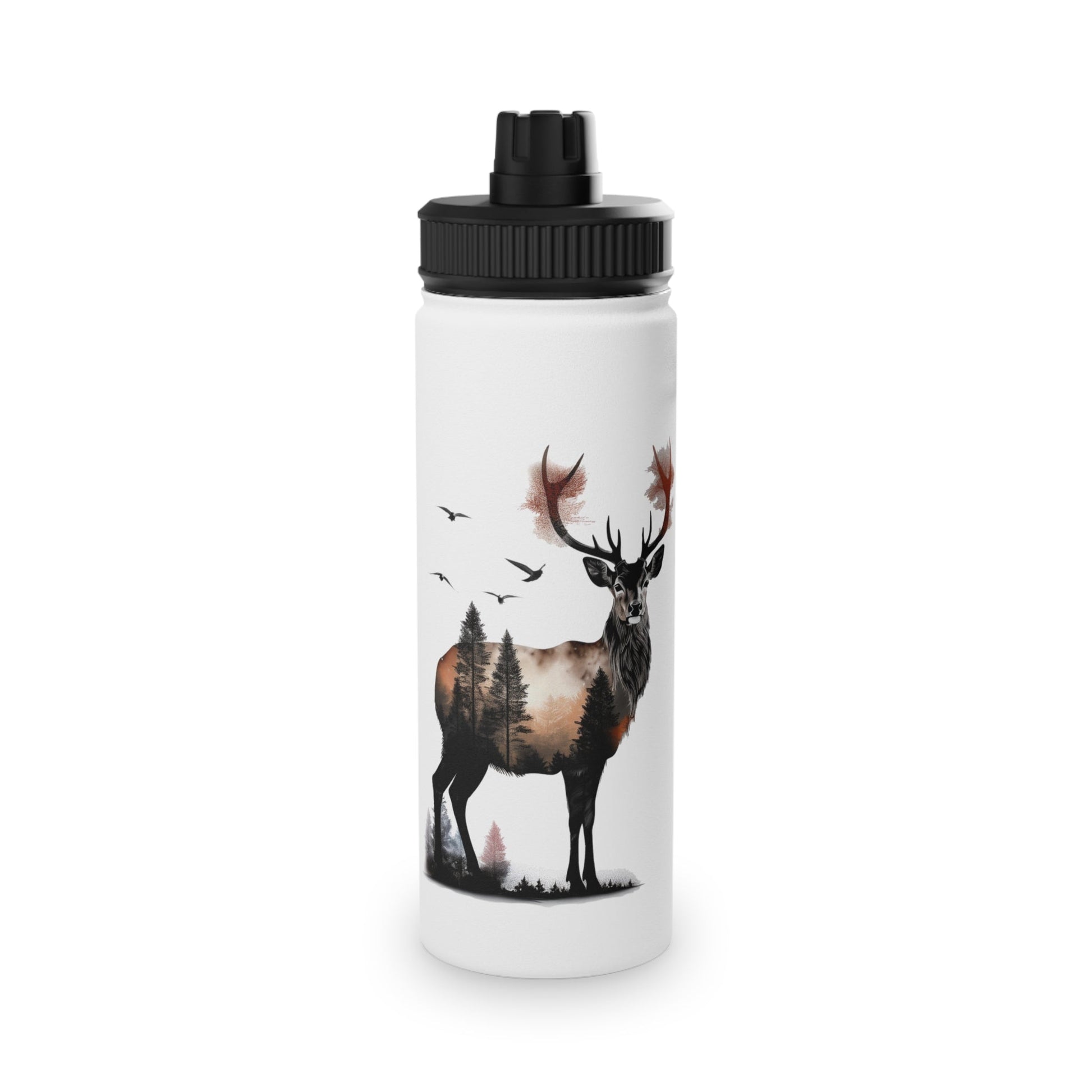 Stainless Steel Water Bottle, Sports Lid - Majestic Stag Forest Landscape Design - EternalAscension