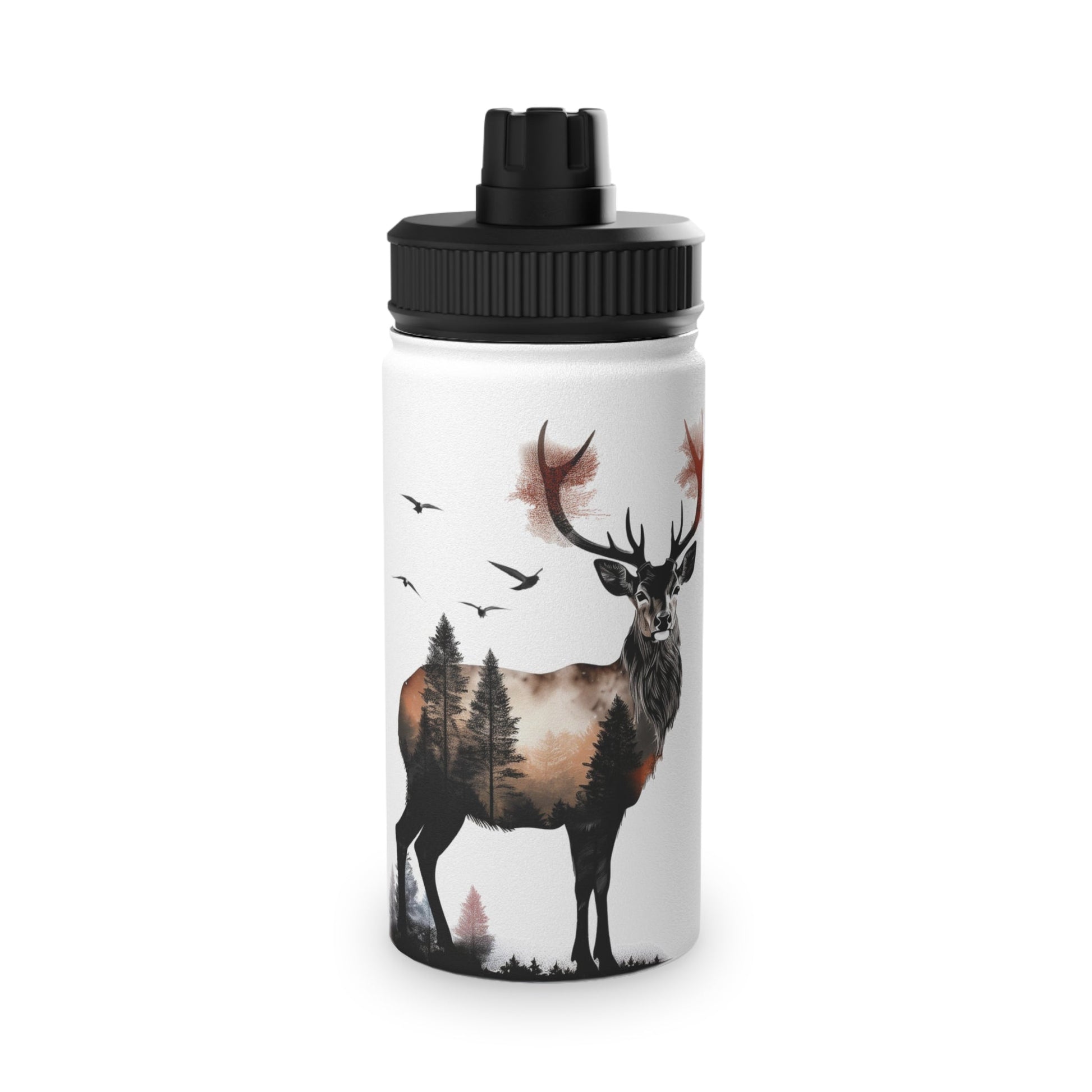 Stainless Steel Water Bottle, Sports Lid - Majestic Stag Forest Landscape Design - EternalAscension
