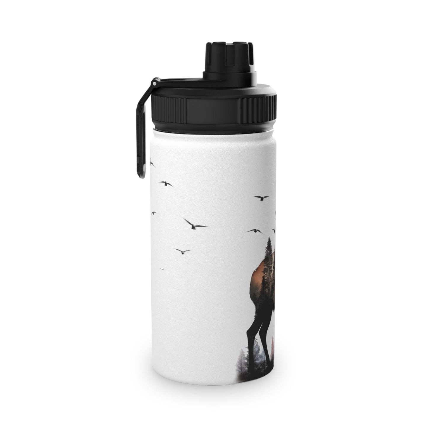 Stainless Steel Water Bottle, Sports Lid - Majestic Stag Forest Landscape Design - EternalAscension
