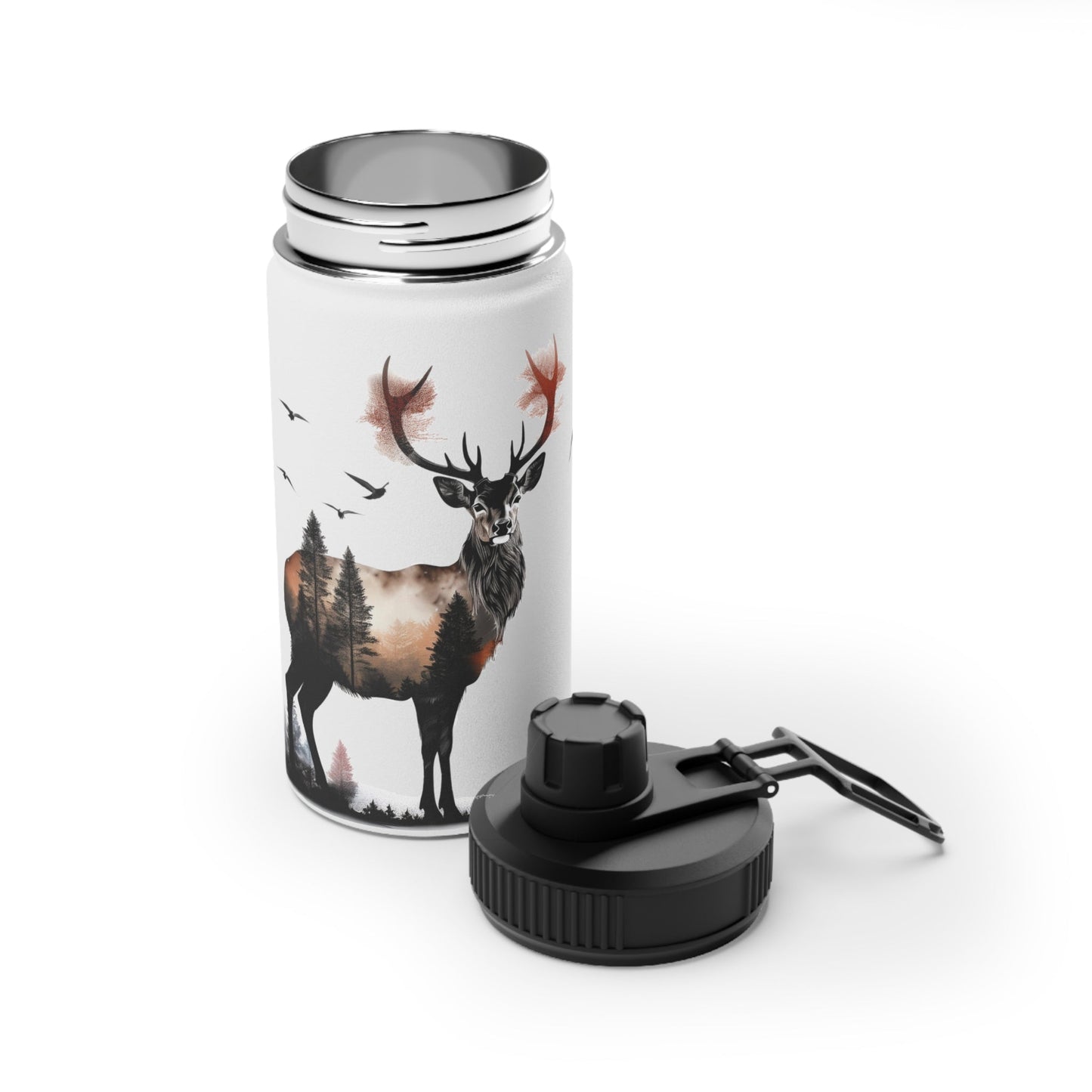 Stainless Steel Water Bottle, Sports Lid - Majestic Stag Forest Landscape Design - EternalAscension
