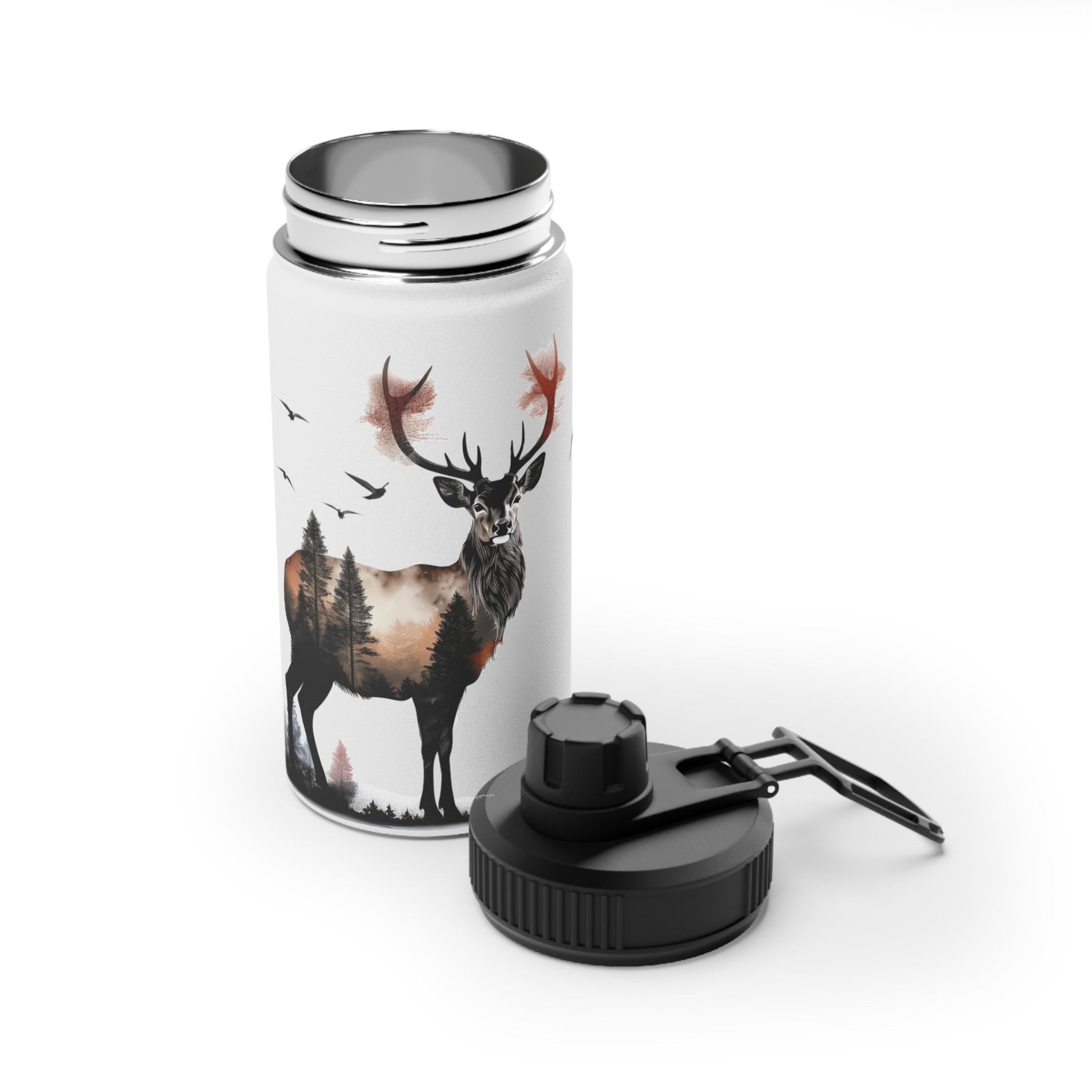 Stainless Steel Water Bottle, Sports Lid - Majestic Stag Forest Landscape Design - EternalAscension