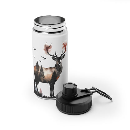 Stainless Steel Water Bottle, Sports Lid - Majestic Stag Forest Landscape Design - EternalAscension