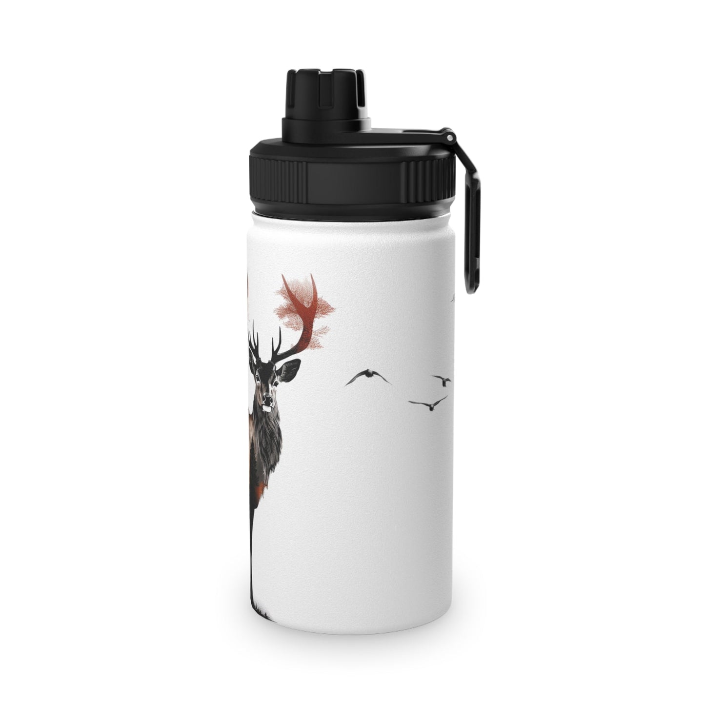 Stainless Steel Water Bottle, Sports Lid - Majestic Stag Forest Landscape Design - EternalAscension