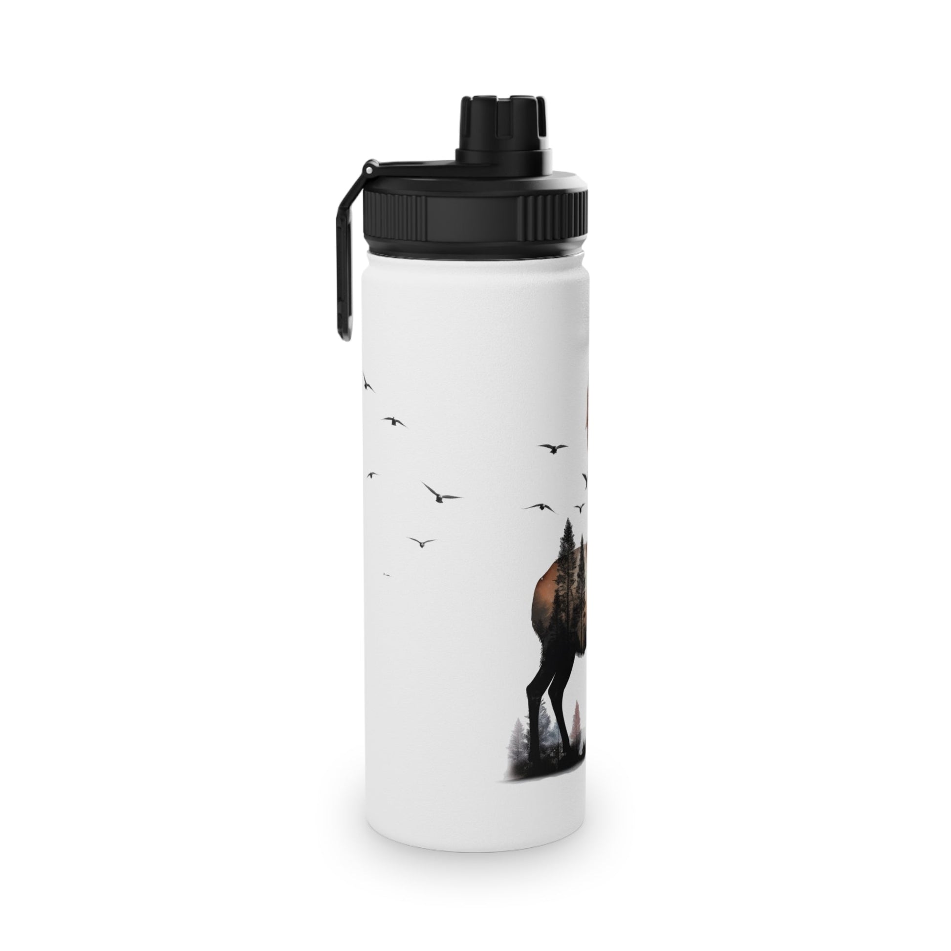 Stainless Steel Water Bottle, Sports Lid - Majestic Stag Forest Landscape Design - EternalAscension