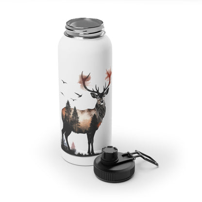 Stainless Steel Water Bottle, Sports Lid - Majestic Stag Forest Landscape Design - EternalAscension