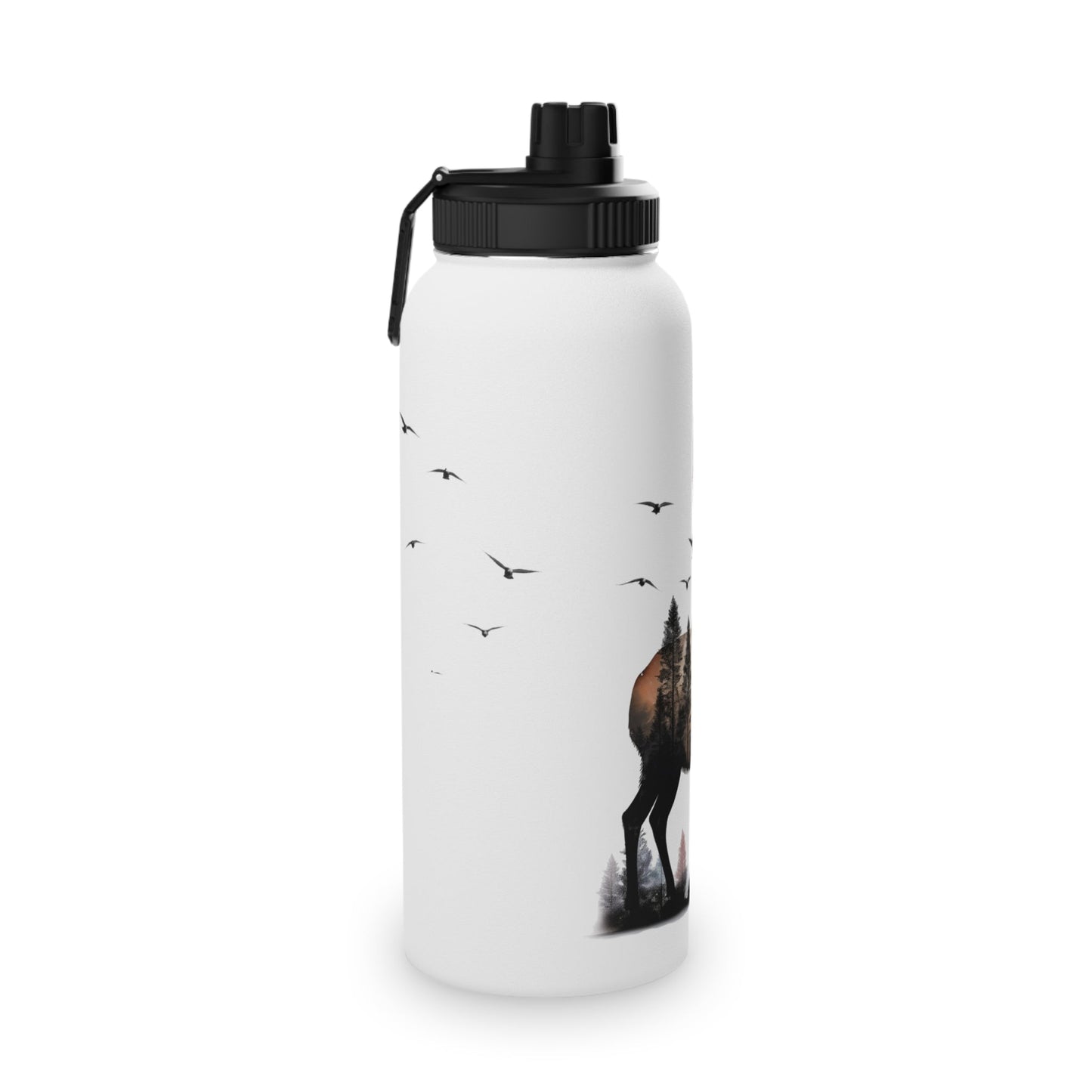 Stainless Steel Water Bottle, Sports Lid - Majestic Stag Forest Landscape Design - EternalAscension