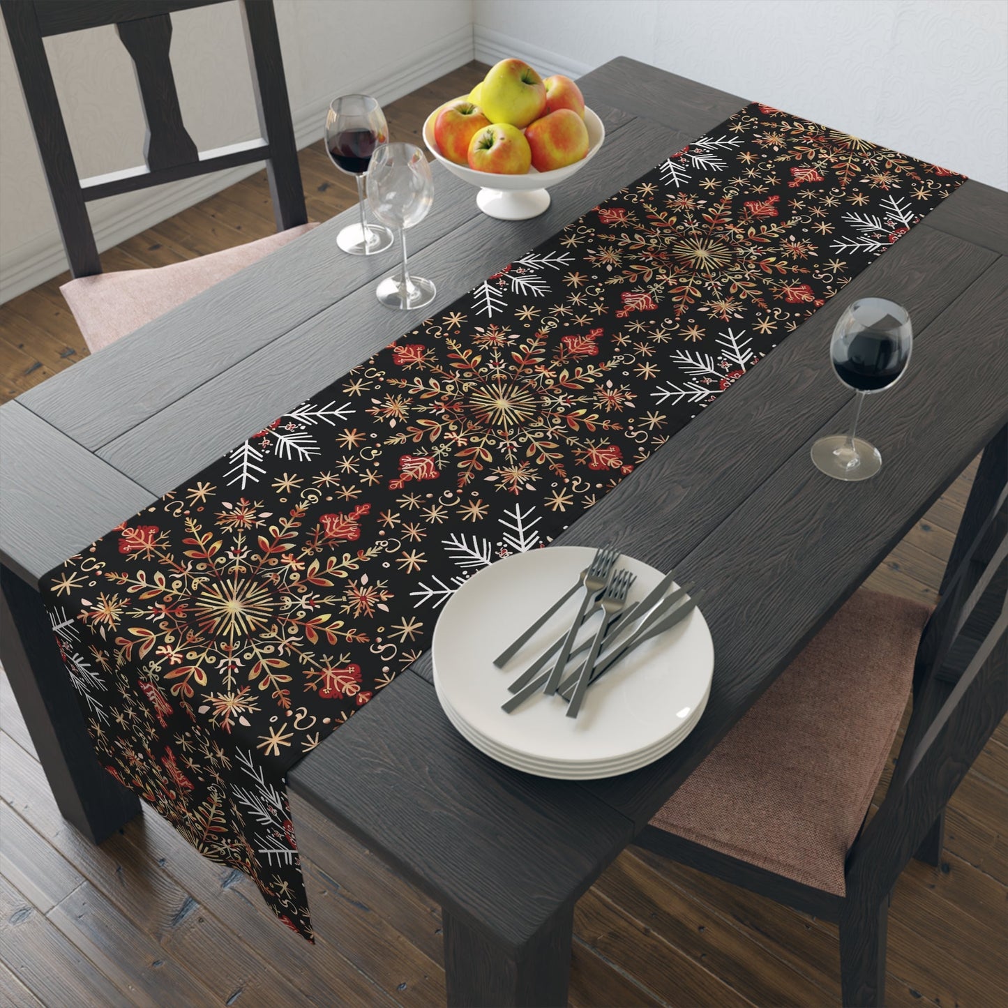 Table Runner, Christmas Snowflake Centerpiece, Festive Holiday Dining Decor, Red Gold Black, Cotton Poly Blend, Stars Dots Foliage Design - EternalAscension