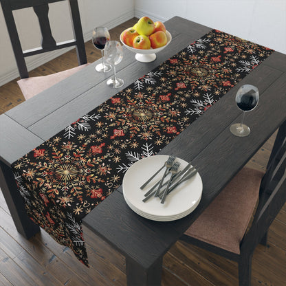 Table Runner, Christmas Snowflake Centerpiece, Festive Holiday Dining Decor, Red Gold Black, Cotton Poly Blend, Stars Dots Foliage Design - EternalAscension