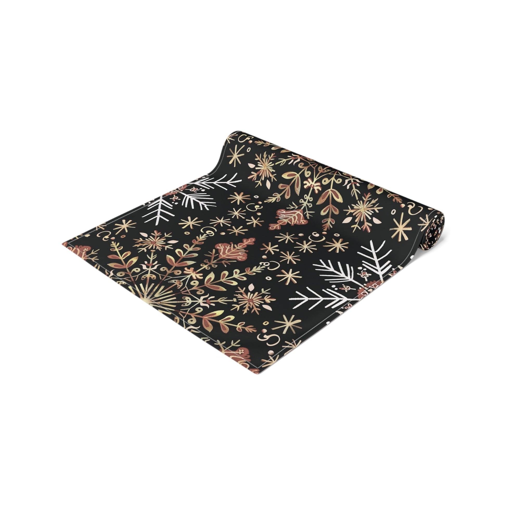 Table Runner, Christmas Snowflake Centerpiece, Festive Holiday Dining Decor, Red Gold Black, Cotton Poly Blend, Stars Dots Foliage Design - EternalAscension