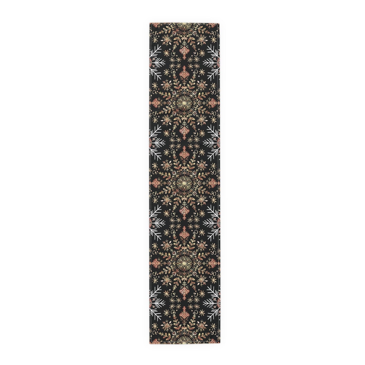 Table Runner, Christmas Snowflake Centerpiece, Festive Holiday Dining Decor, Red Gold Black, Cotton Poly Blend, Stars Dots Foliage Design - EternalAscension