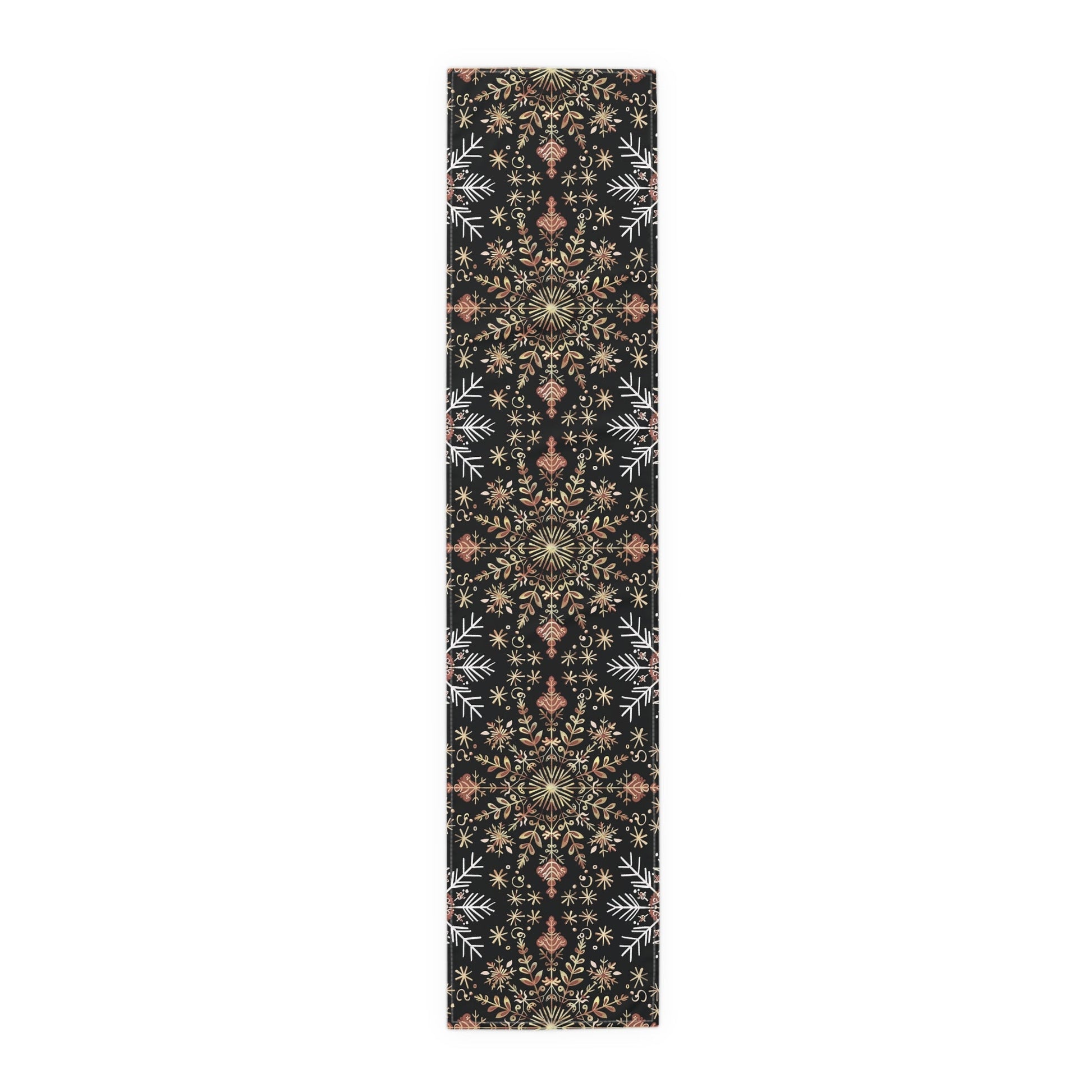 Table Runner, Christmas Snowflake Centerpiece, Festive Holiday Dining Decor, Red Gold Black, Cotton Poly Blend, Stars Dots Foliage Design - EternalAscension