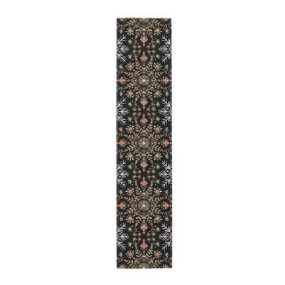 Table Runner, Christmas Snowflake Centerpiece, Festive Holiday Dining Decor, Red Gold Black, Cotton Poly Blend, Stars Dots Foliage Design - EternalAscension