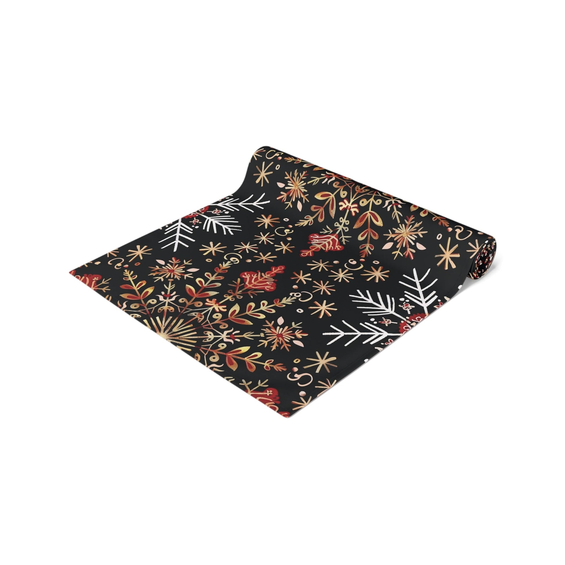Table Runner, Christmas Snowflake Centerpiece, Festive Holiday Dining Decor, Red Gold Black, Cotton Poly Blend, Stars Dots Foliage Design - EternalAscension