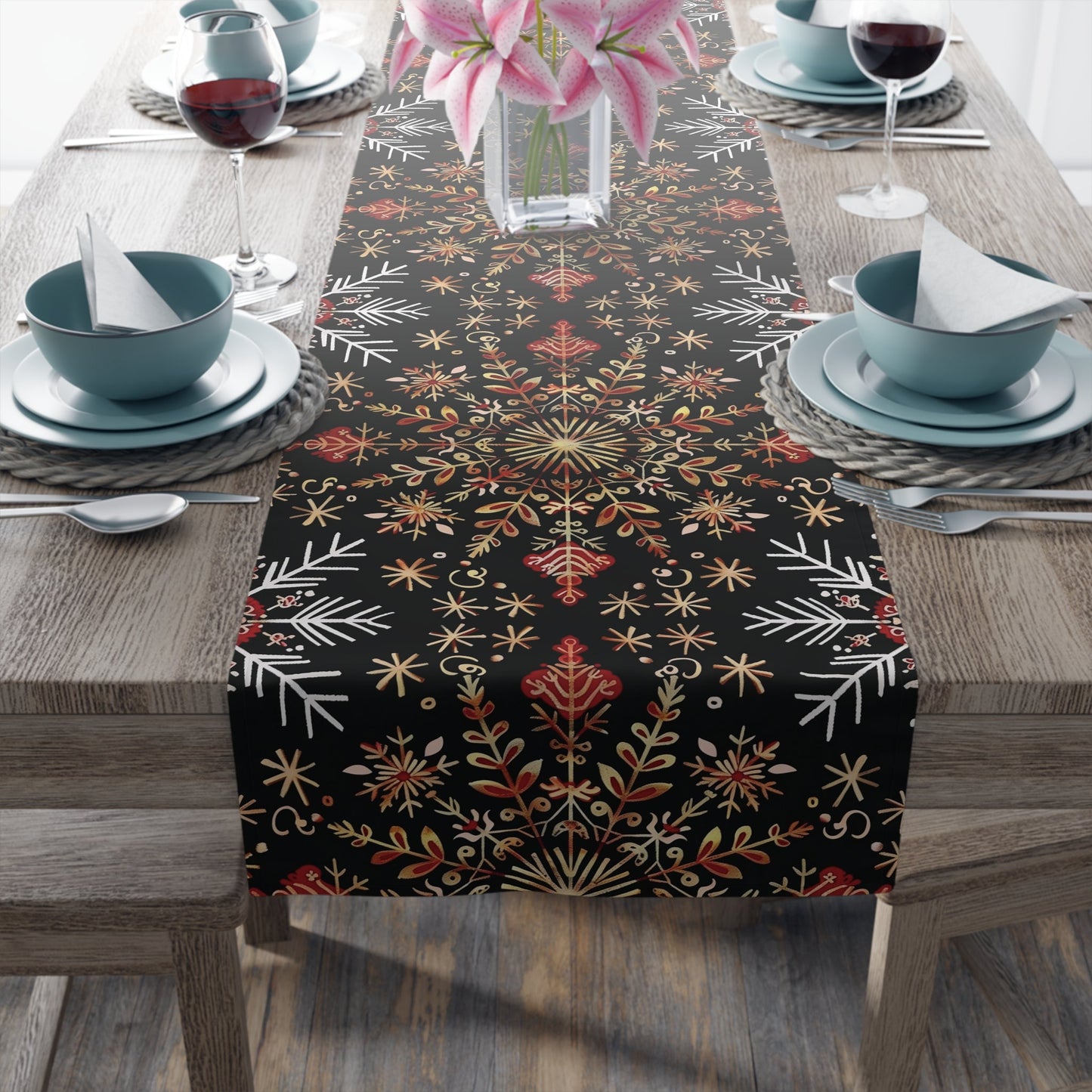 Table Runner, Christmas Snowflake Centerpiece, Festive Holiday Dining Decor, Red Gold Black, Cotton Poly Blend, Stars Dots Foliage Design - EternalAscension