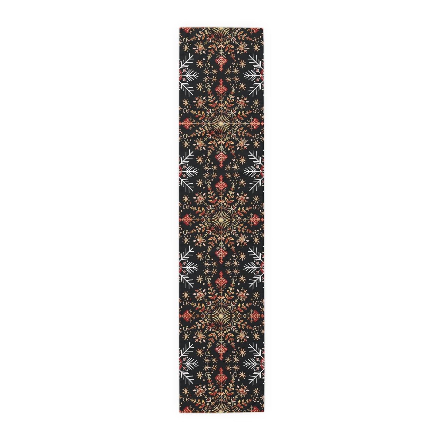 Table Runner, Christmas Snowflake Centerpiece, Festive Holiday Dining Decor, Red Gold Black, Cotton Poly Blend, Stars Dots Foliage Design - EternalAscension