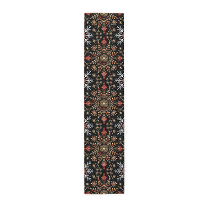 Table Runner, Christmas Snowflake Centerpiece, Festive Holiday Dining Decor, Red Gold Black, Cotton Poly Blend, Stars Dots Foliage Design - EternalAscension