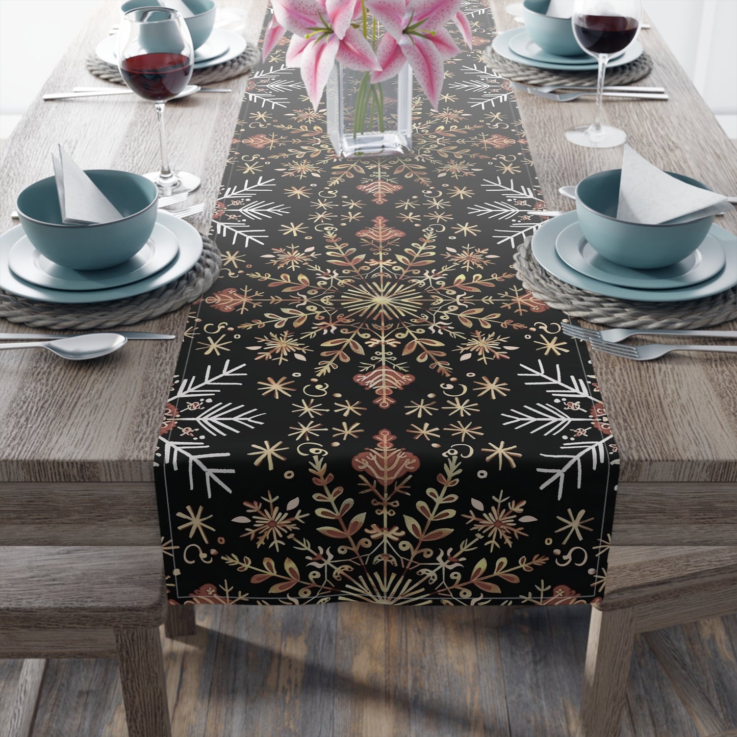 Table Runner, Christmas Snowflake Centerpiece, Festive Holiday Dining Decor, Red Gold Black, Cotton Poly Blend, Stars Dots Foliage Design - EternalAscension