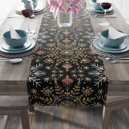 Table Runner, Christmas Snowflake Centerpiece, Festive Holiday Dining Decor, Red Gold Black, Cotton Poly Blend, Stars Dots Foliage Design - EternalAscension