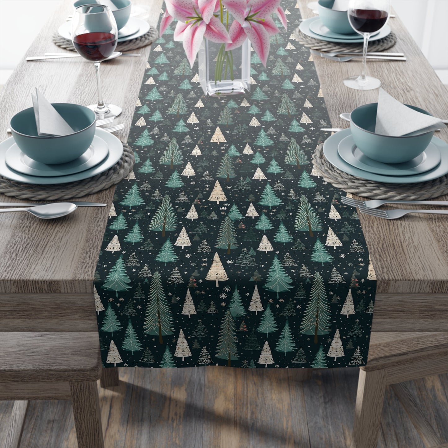 Table Runner, Christmas Trees Winter Forest Scene, Holiday Decoration, Teal Snowflakes Home Decor, Festive Dining Setting, Seasonal Charm - EternalAscension
