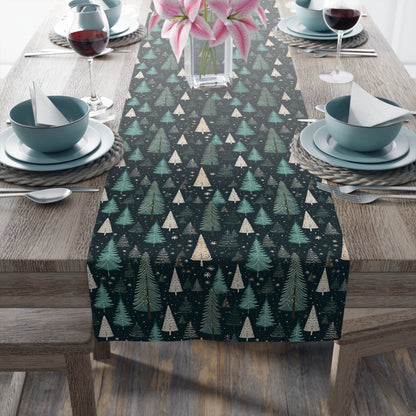 Table Runner, Christmas Trees Winter Forest Scene, Holiday Decoration, Teal Snowflakes Home Decor, Festive Dining Setting, Seasonal Charm - EternalAscension