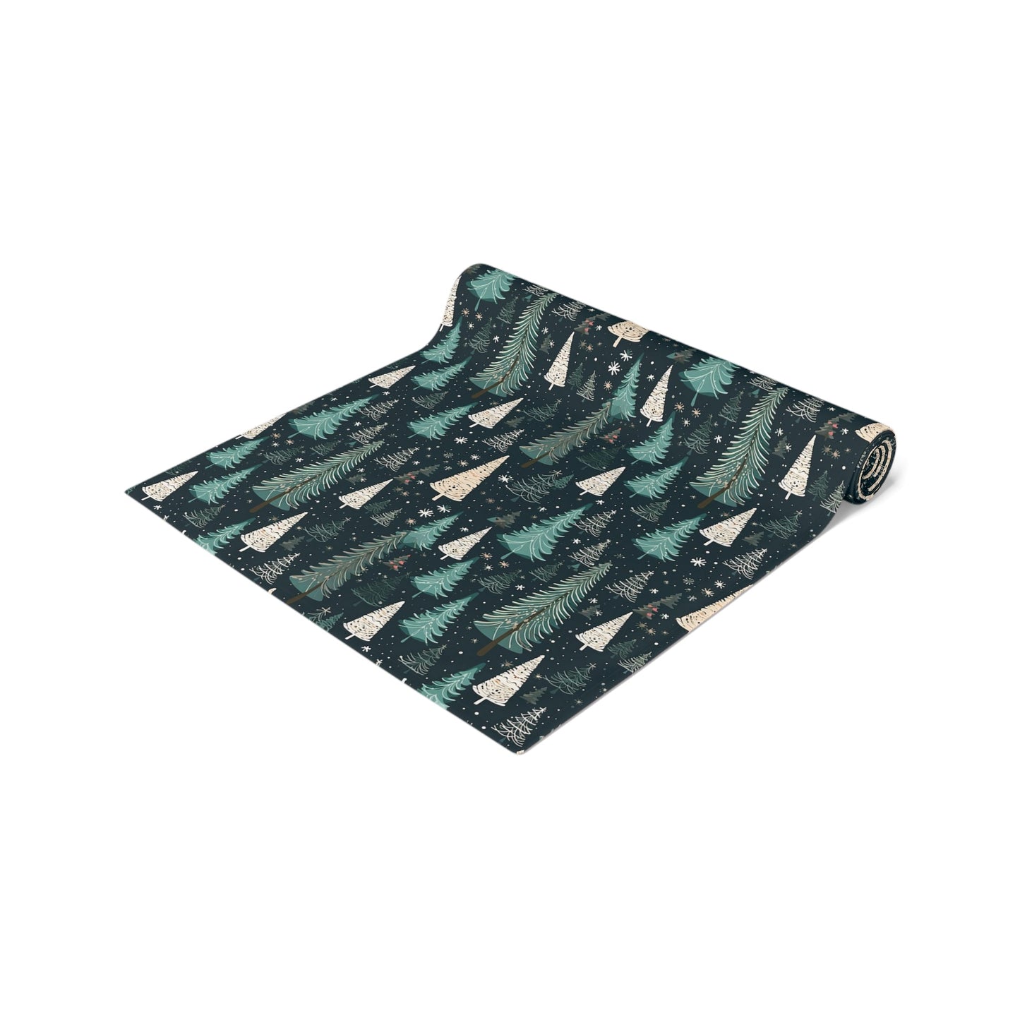 Table Runner, Christmas Trees Winter Forest Scene, Holiday Decoration, Teal Snowflakes Home Decor, Festive Dining Setting, Seasonal Charm - EternalAscension
