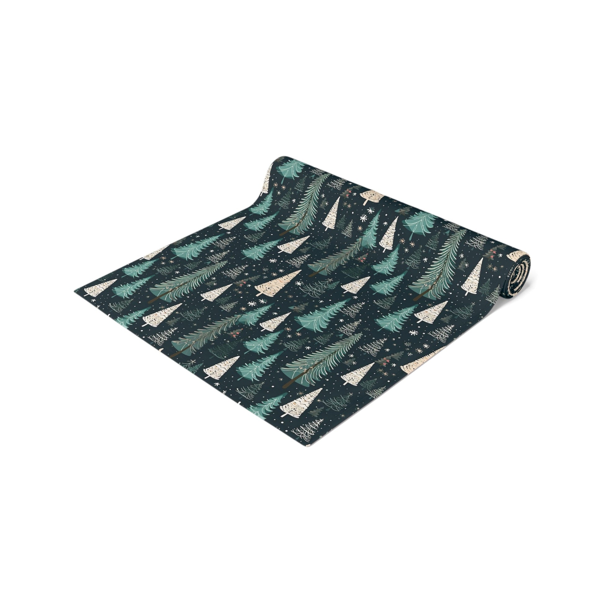 Table Runner, Christmas Trees Winter Forest Scene, Holiday Decoration, Teal Snowflakes Home Decor, Festive Dining Setting, Seasonal Charm - EternalAscension