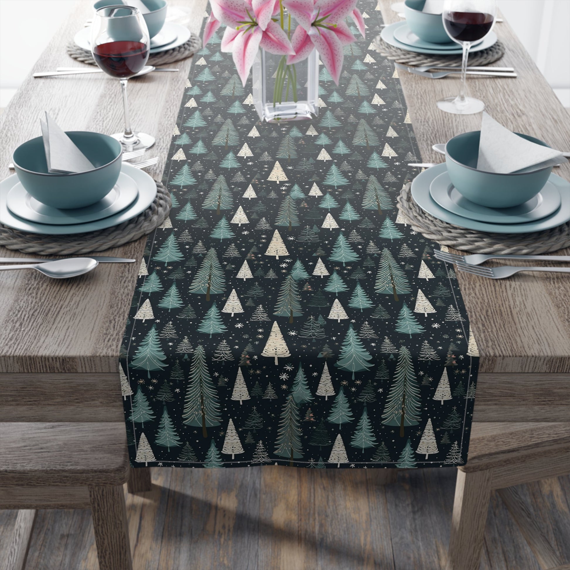 Table Runner, Christmas Trees Winter Forest Scene, Holiday Decoration, Teal Snowflakes Home Decor, Festive Dining Setting, Seasonal Charm - EternalAscension