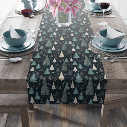 Table Runner, Christmas Trees Winter Forest Scene, Holiday Decoration, Teal Snowflakes Home Decor, Festive Dining Setting, Seasonal Charm - EternalAscension