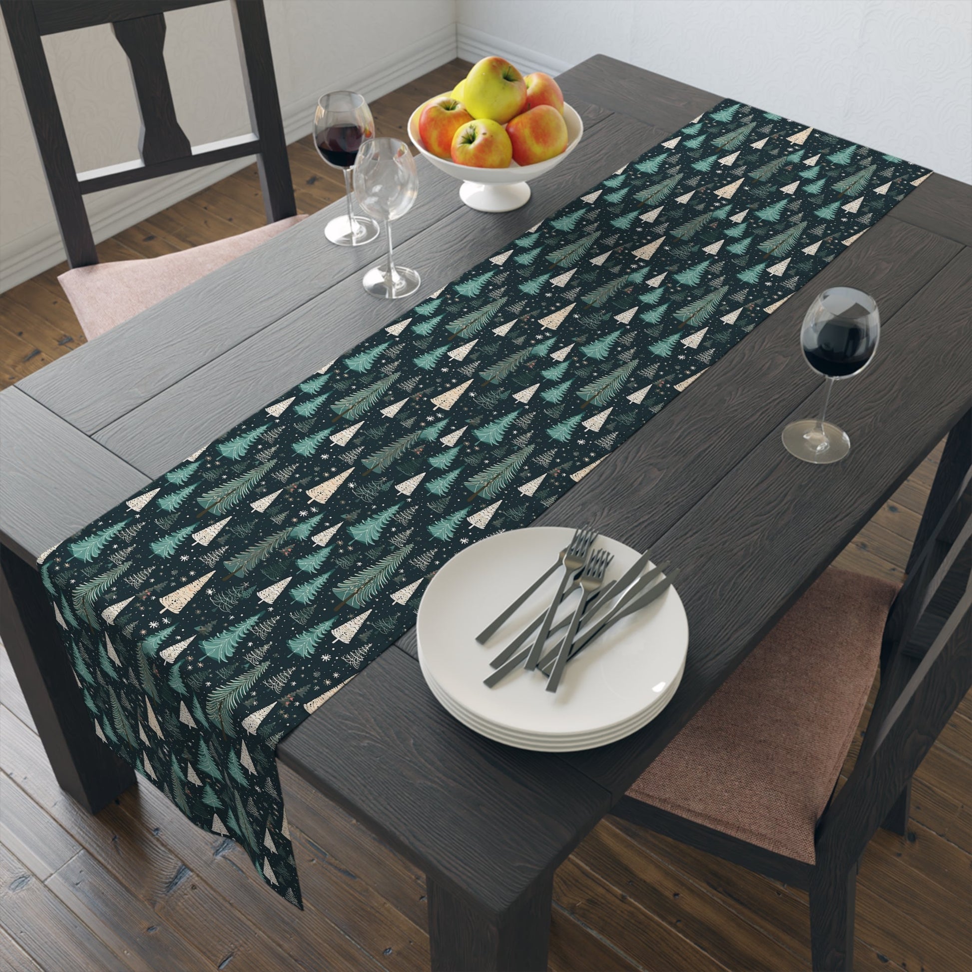 Table Runner, Christmas Trees Winter Forest Scene, Holiday Decoration, Teal Snowflakes Home Decor, Festive Dining Setting, Seasonal Charm - EternalAscension