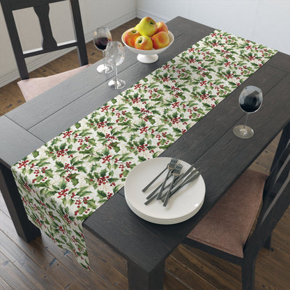 Table Runner - Holly Leaves and Berries Print, Christmas Decor, Festive Dining Table Decoration, Holiday Table Linens, Seasonal Home Decor - EternalAscension