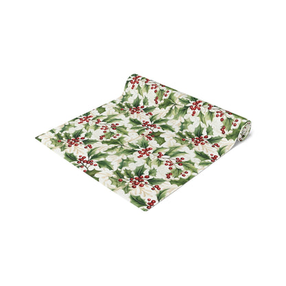 Table Runner - Holly Leaves and Berries Print, Christmas Decor, Festive Dining Table Decoration, Holiday Table Linens, Seasonal Home Decor - EternalAscension