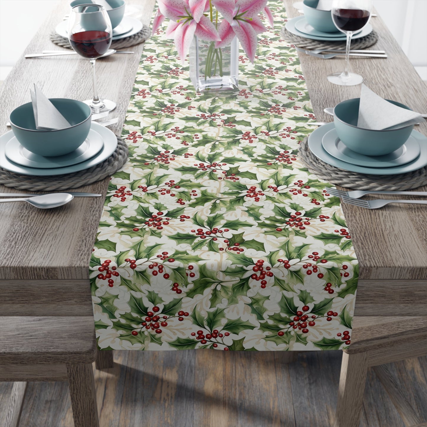 Table Runner - Holly Leaves and Berries Print, Christmas Decor, Festive Dining Table Decoration, Holiday Table Linens, Seasonal Home Decor - EternalAscension