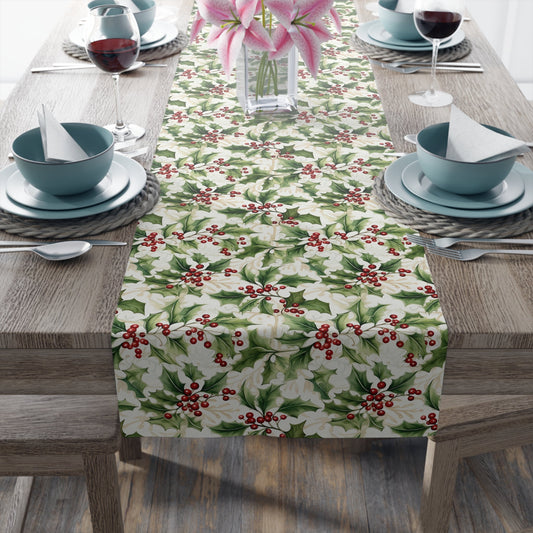 Table Runner - Holly Leaves and Berries Print, Christmas Decor, Festive Dining Table Decoration, Holiday Table Linens, Seasonal Home Decor - EternalAscension