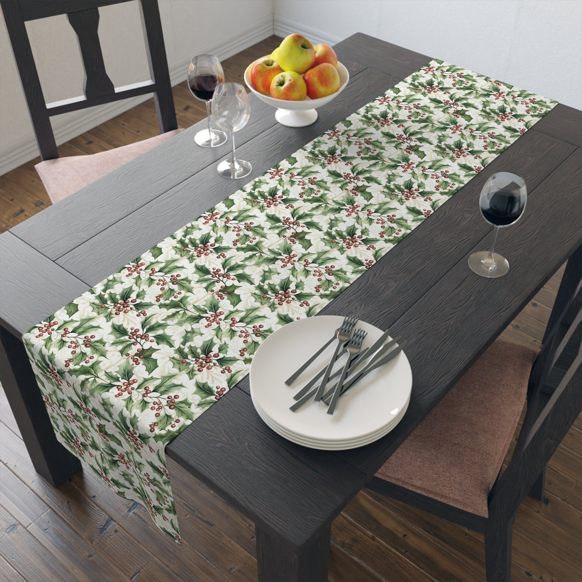Table Runner - Holly Leaves and Berries Print, Christmas Decor, Festive Dining Table Decoration, Holiday Table Linens, Seasonal Home Decor - EternalAscension