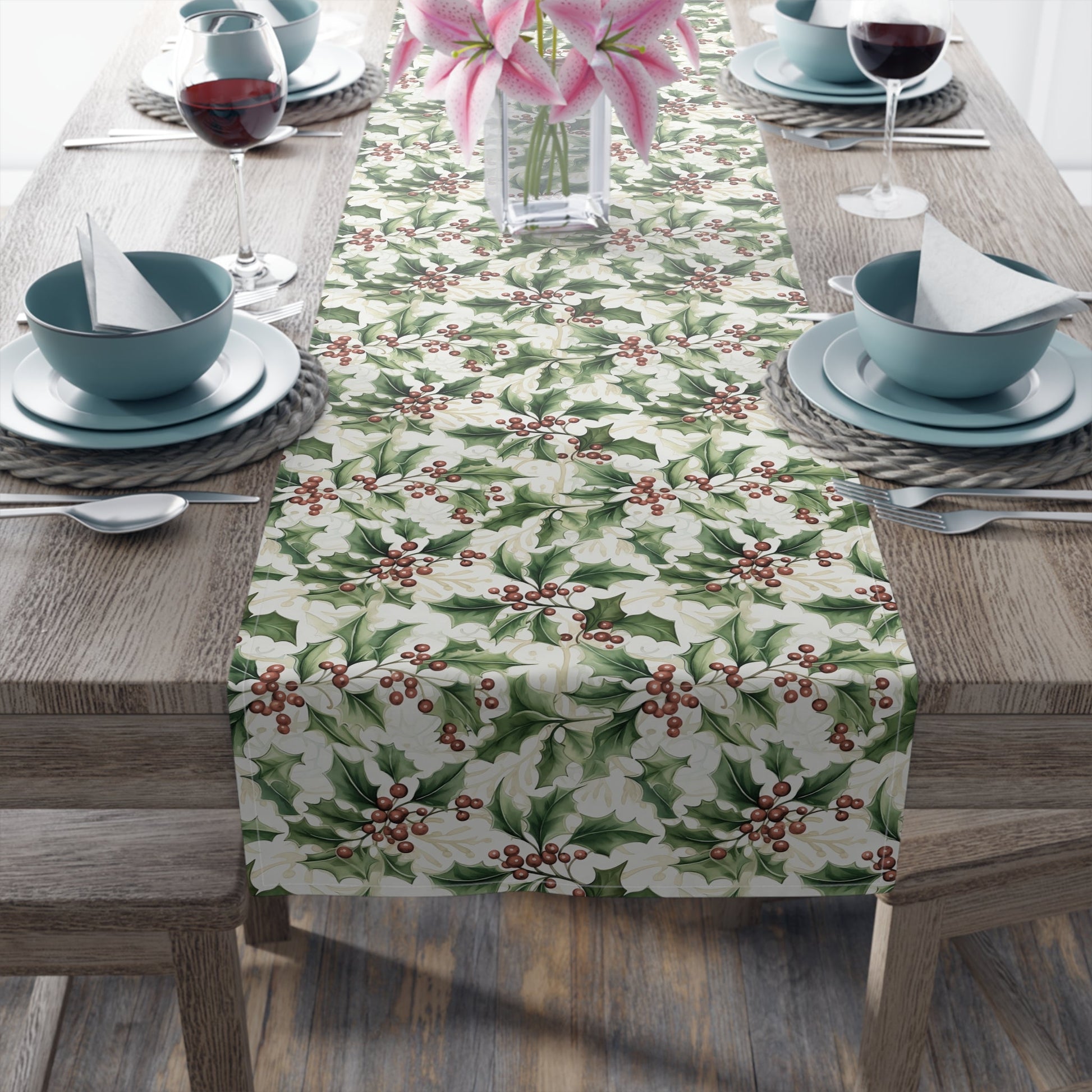 Table Runner - Holly Leaves and Berries Print, Christmas Decor, Festive Dining Table Decoration, Holiday Table Linens, Seasonal Home Decor - EternalAscension