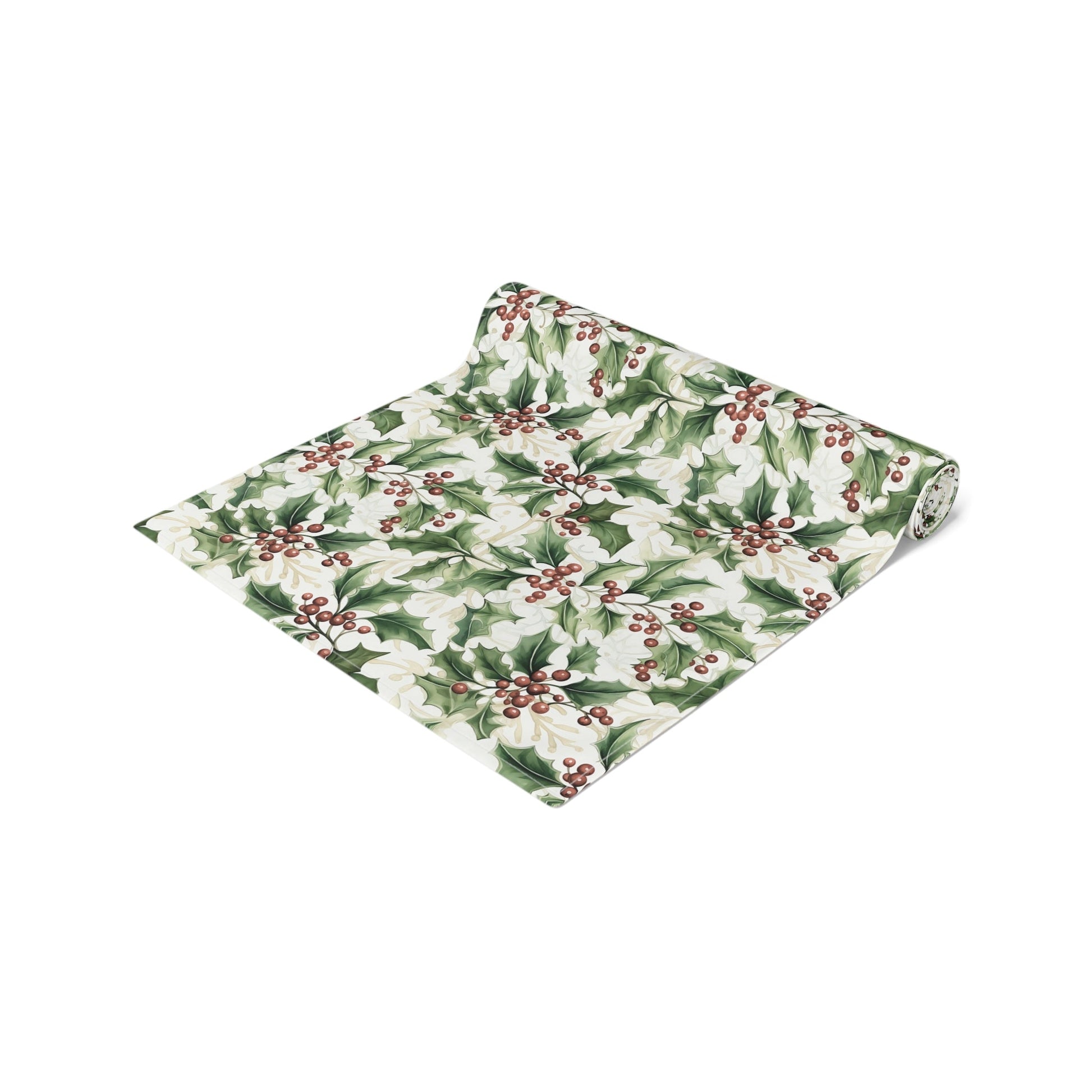 Table Runner - Holly Leaves and Berries Print, Christmas Decor, Festive Dining Table Decoration, Holiday Table Linens, Seasonal Home Decor - EternalAscension
