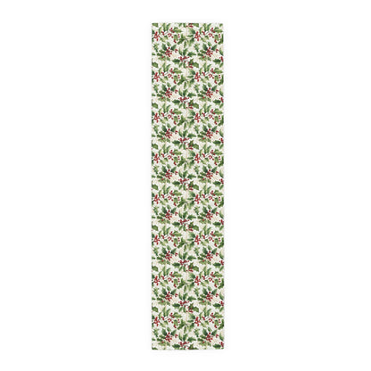 Table Runner - Holly Leaves and Berries Print, Christmas Decor, Festive Dining Table Decoration, Holiday Table Linens, Seasonal Home Decor - EternalAscension