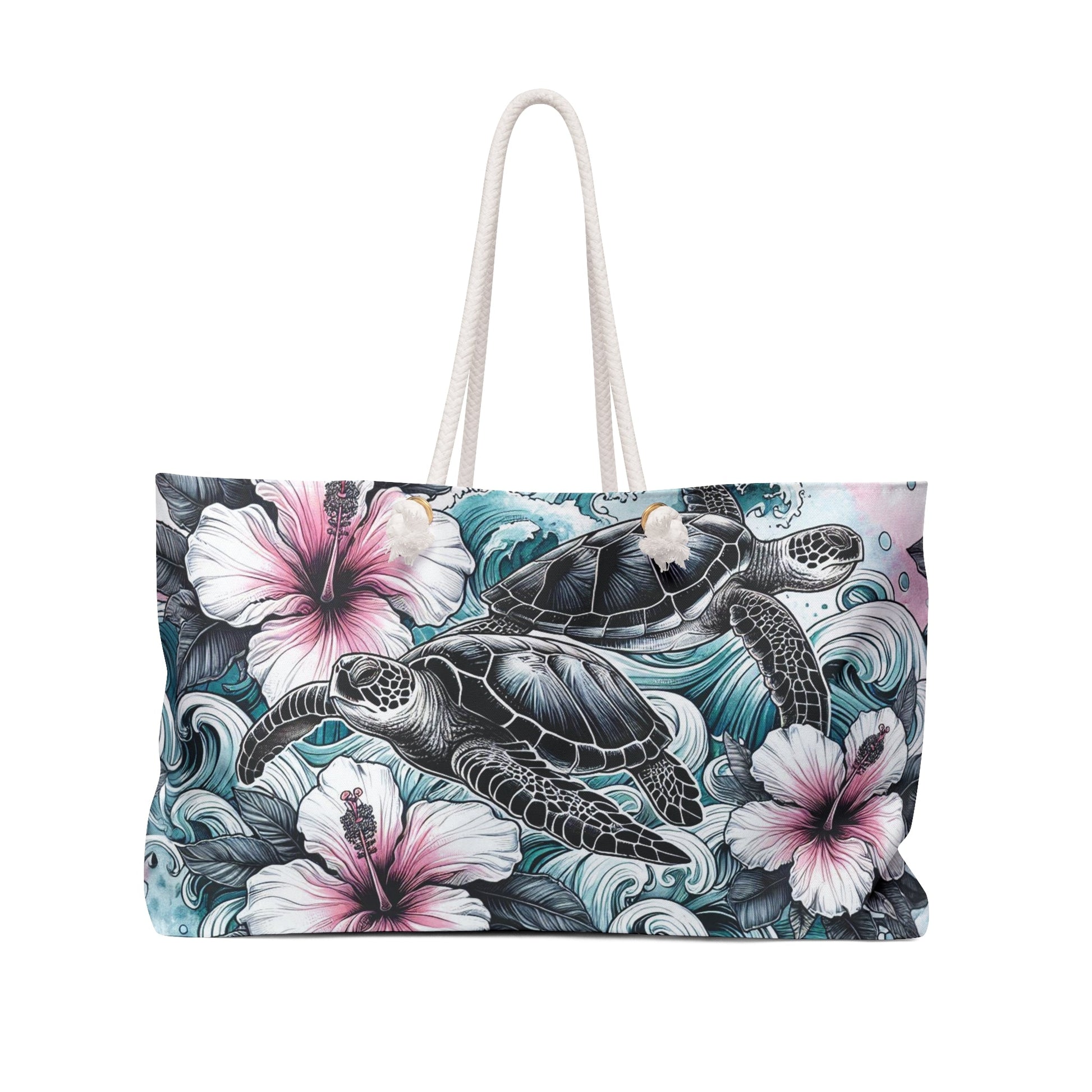 Tote Bag - Sea Turtles and Hibiscus Flowers Design - EternalAscension