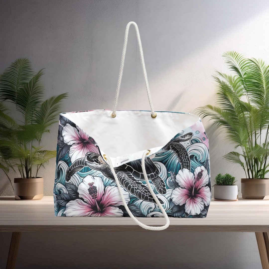 Tote Bag - Sea Turtles and Hibiscus Flowers Design - EternalAscension