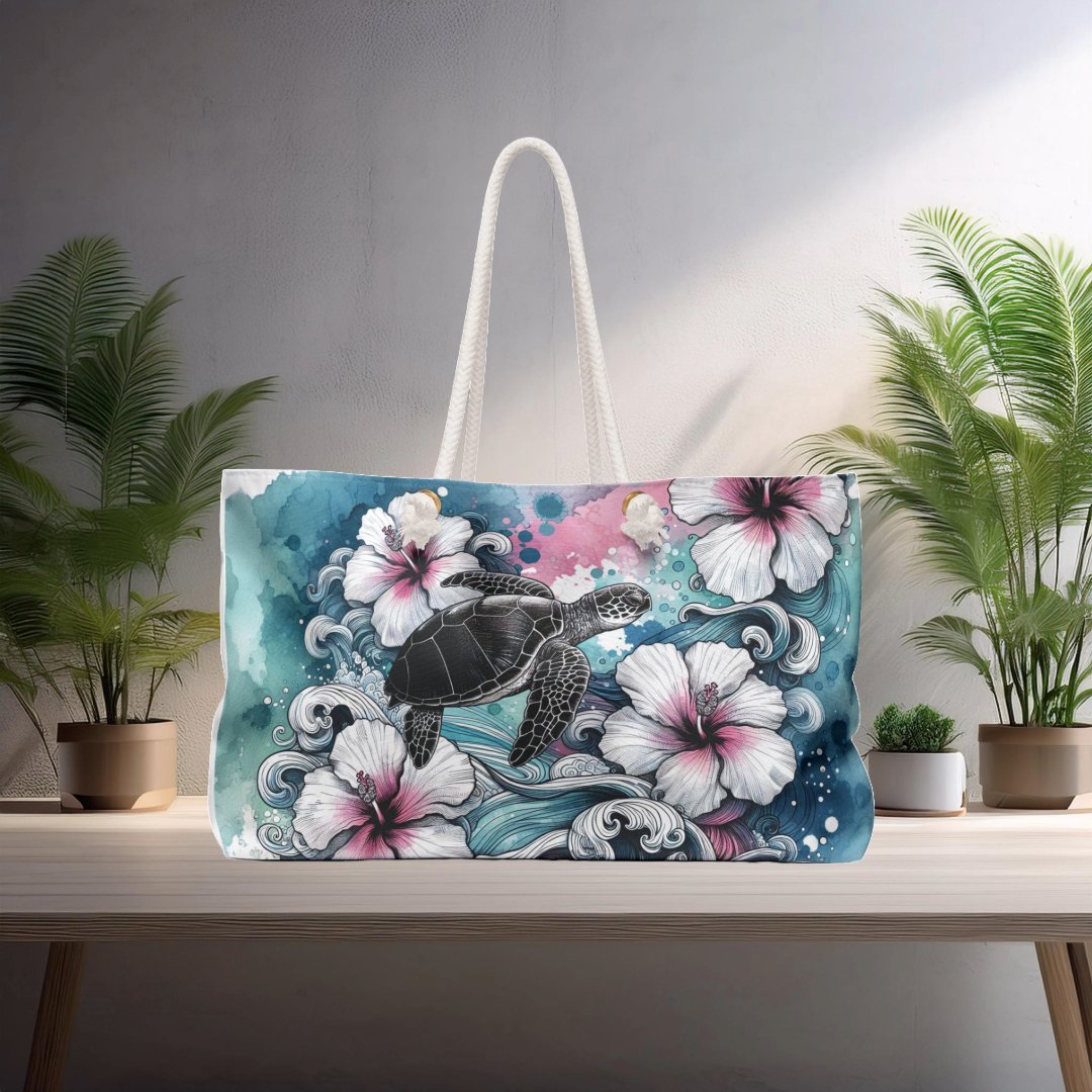 Tote Bag - Sea Turtles and Hibiscus Flowers Design - EternalAscension