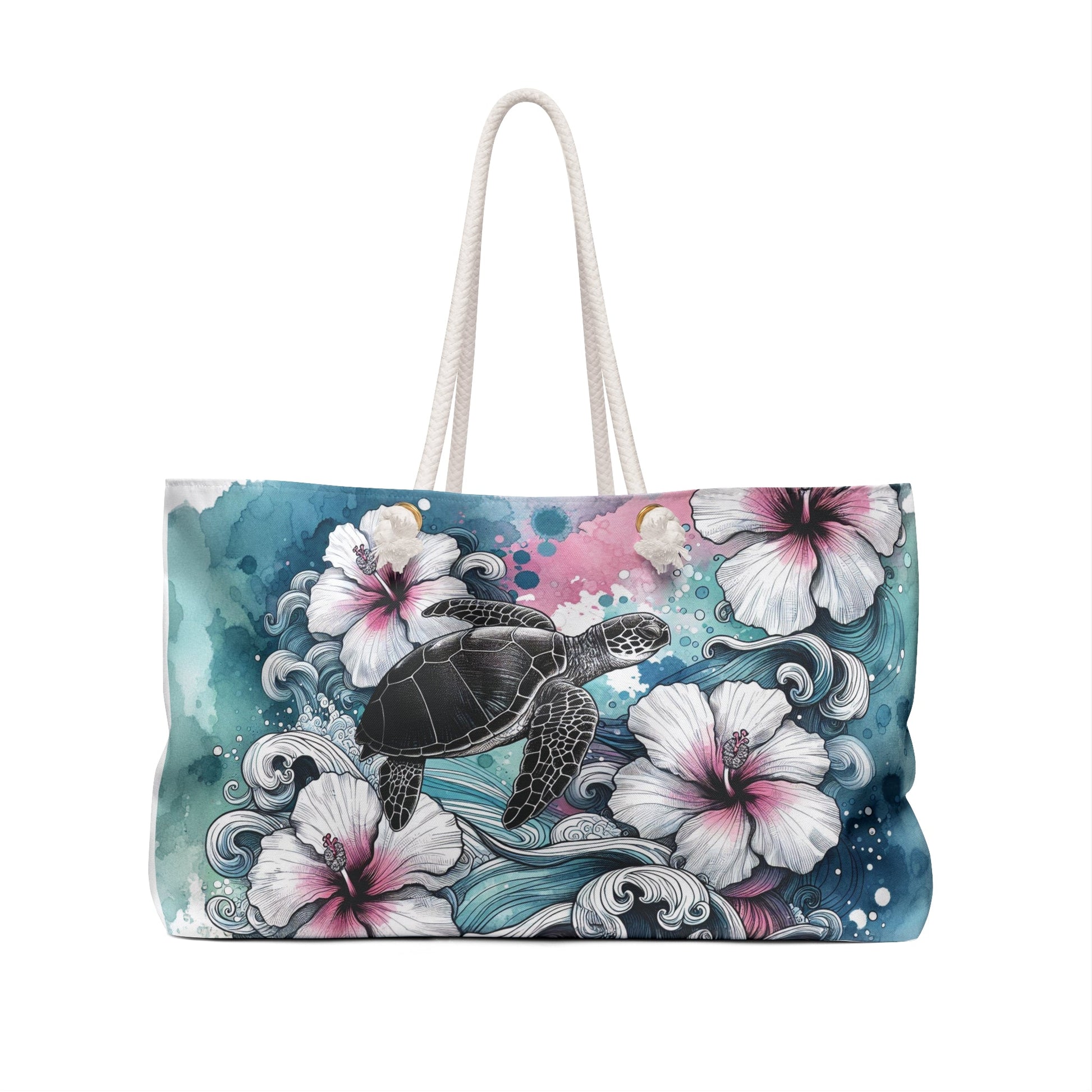 Tote Bag - Sea Turtles and Hibiscus Flowers Design - EternalAscension