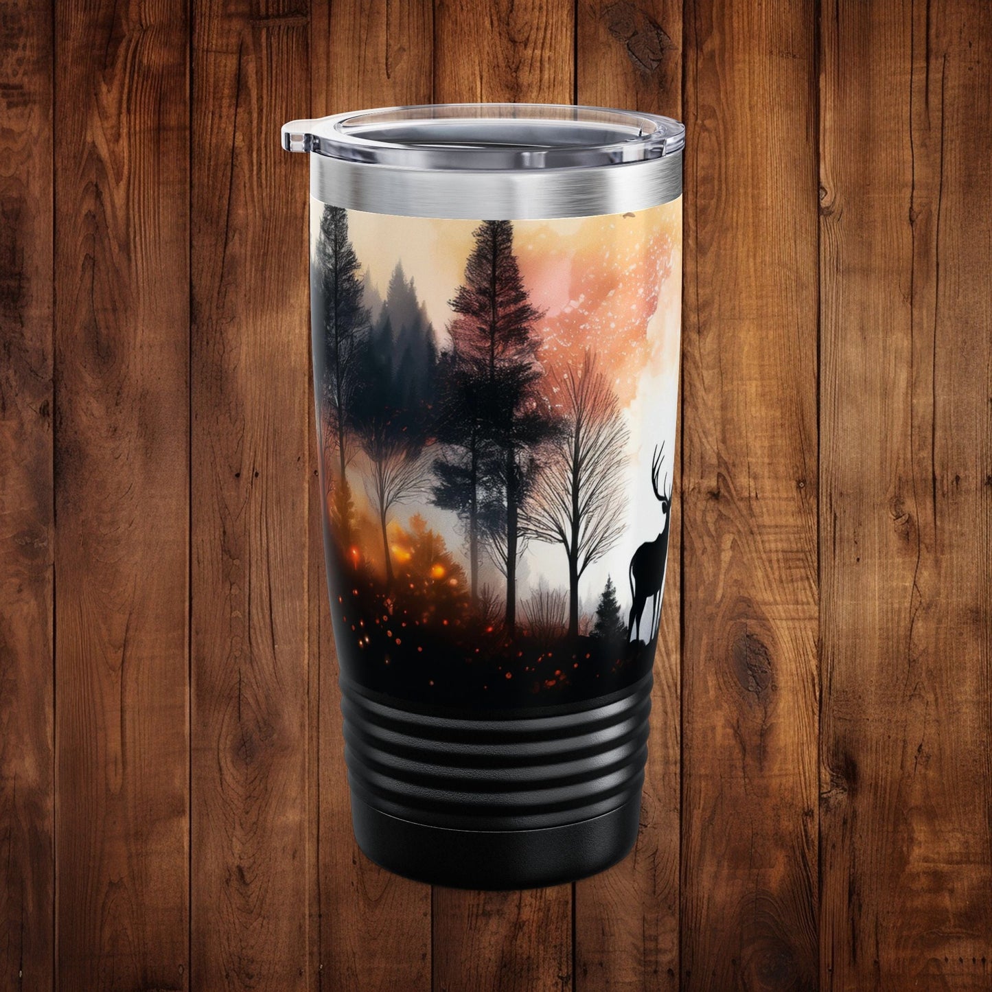 Tumbler Mug - Scenic Forest Stainless Steel 20oz Ringneck Tumbler with Deer and Birds Design - EternalAscension