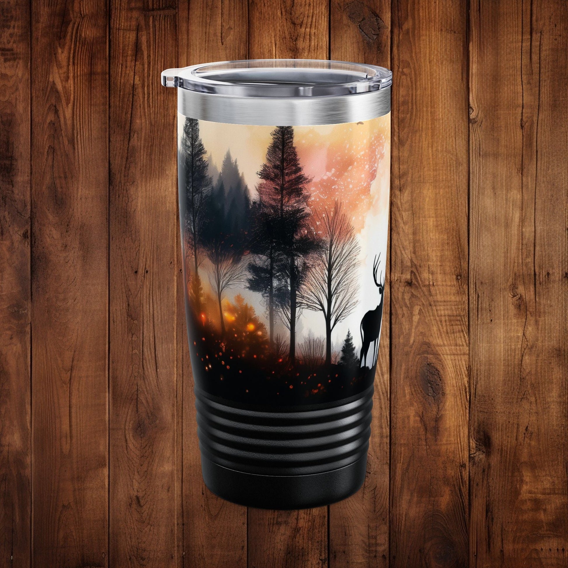 Tumbler Mug - Scenic Forest Stainless Steel 20oz Ringneck Tumbler with Deer and Birds Design - EternalAscension