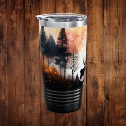 Tumbler Mug - Scenic Forest Stainless Steel 20oz Ringneck Tumbler with Deer and Birds Design - EternalAscension