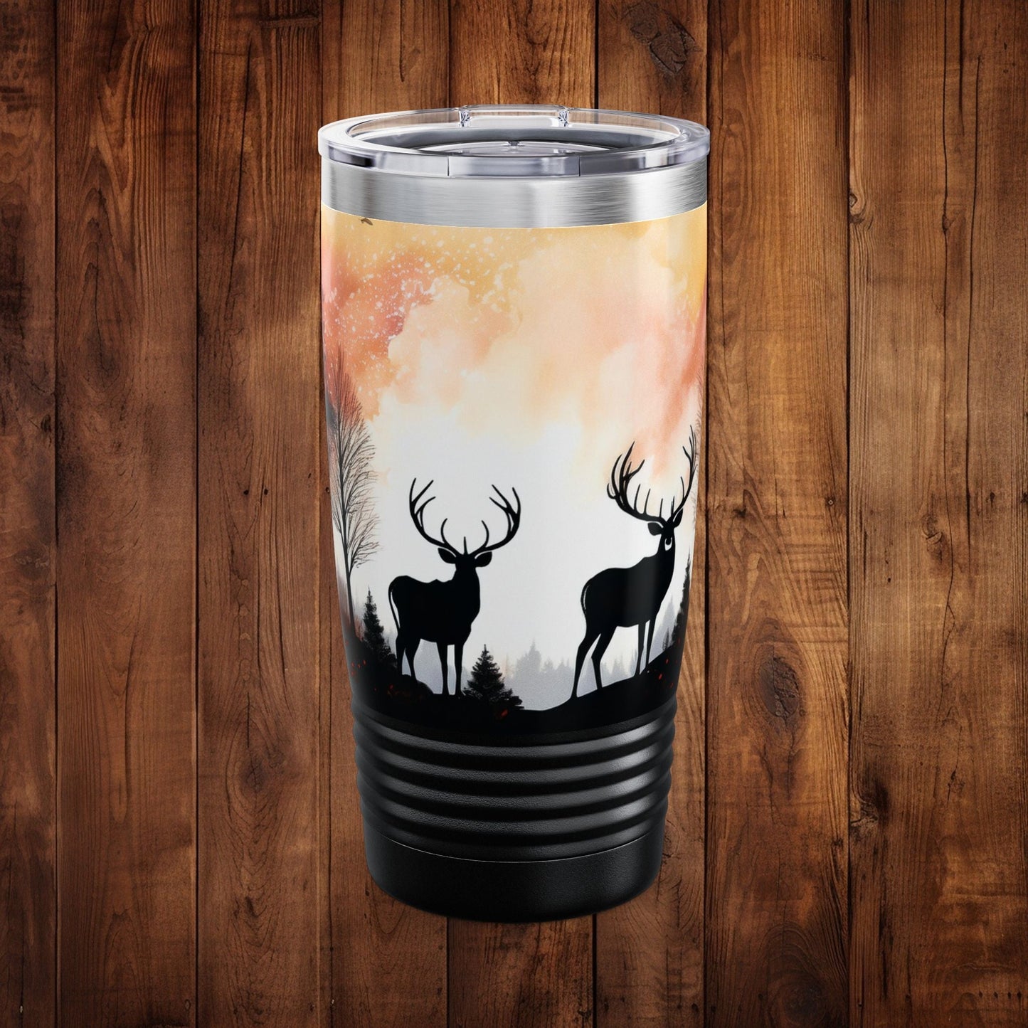 Tumbler Mug - Scenic Forest Stainless Steel 20oz Ringneck Tumbler with Deer and Birds Design - EternalAscension
