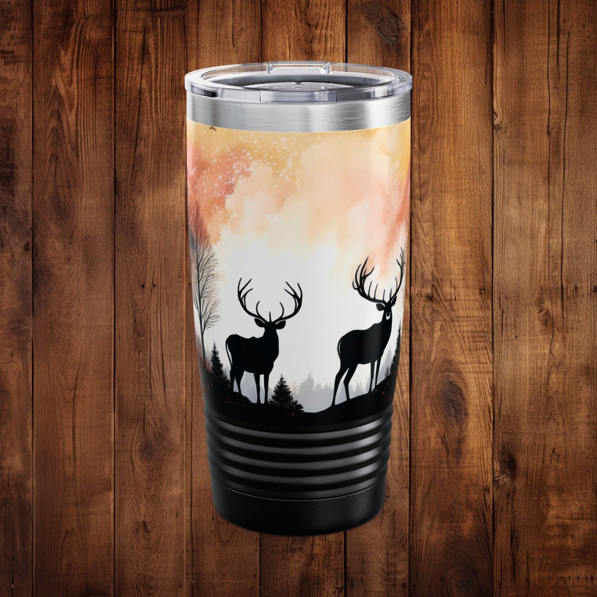 Tumbler Mug - Scenic Forest Stainless Steel 20oz Ringneck Tumbler with Deer and Birds Design - EternalAscension