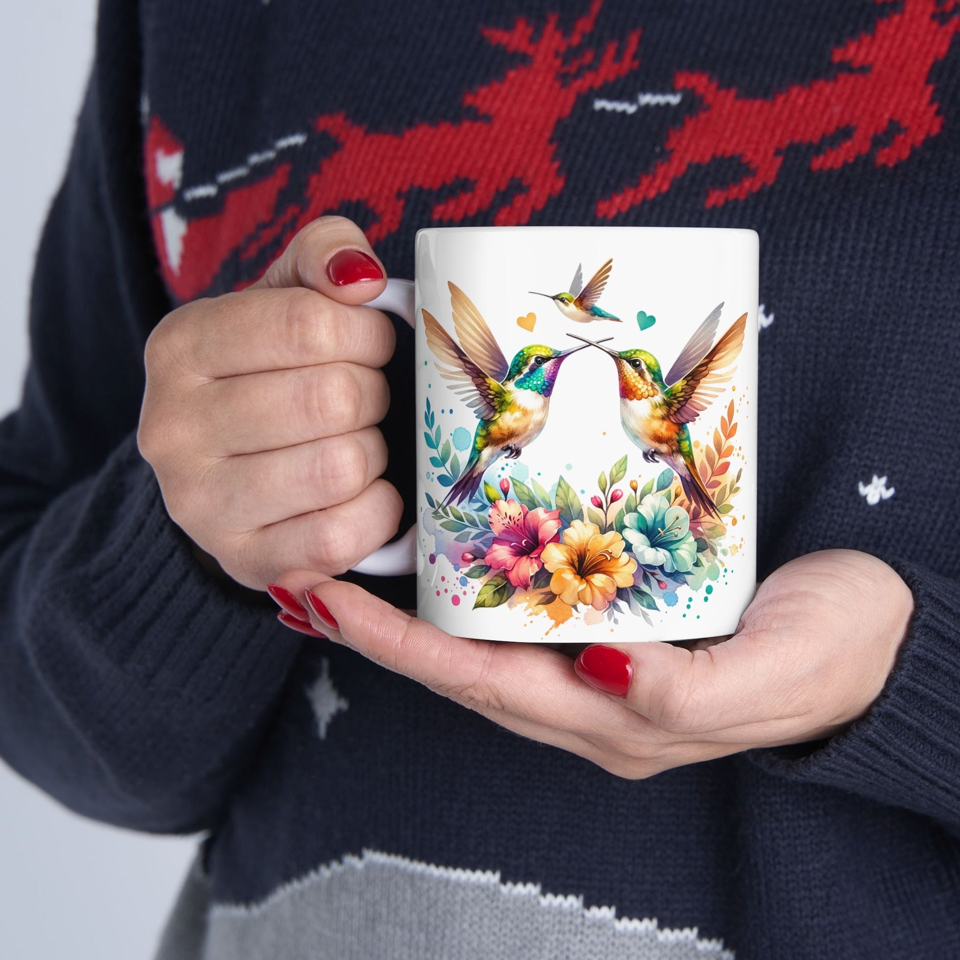 Vibrant Hummingbirds and Floral Bouquet Ceramic Mug (11oz, 15oz) - EternalAscension