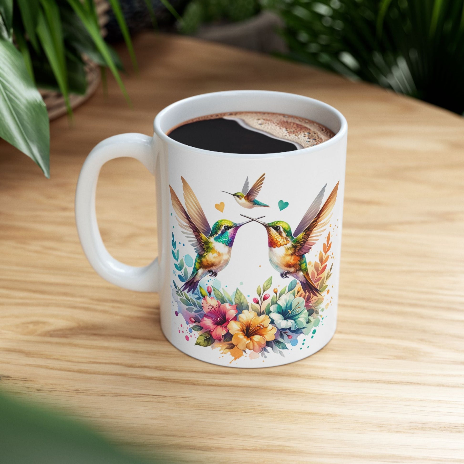 Vibrant Hummingbirds and Floral Bouquet Ceramic Mug (11oz, 15oz) - EternalAscension
